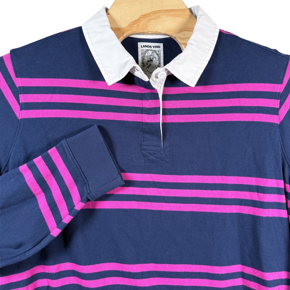 Lands End Rugby Shirt Mens 2X‎ Navy Pink Striped Long Sleeve Cotton Preppy Top